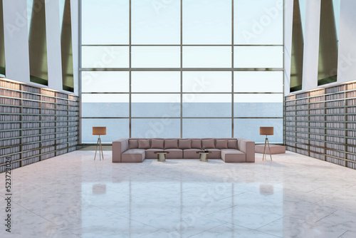 Modern library interior with tall bookshelves  panoramic windows  lounge area and shiny tile flooring. 3D Rendering.