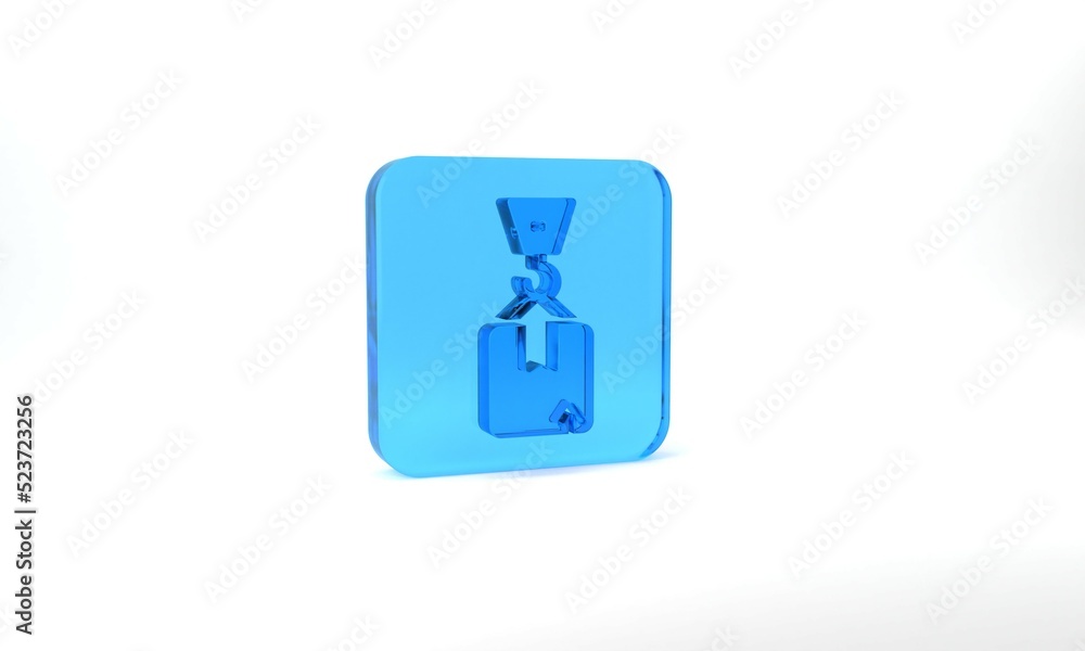 Blue Crane with carton cardboard box icon isolated on grey background. Crane lifts a container with cargo. Glass square button. 3d illustration 3D render Blue Crane with carton cardboard box icon isolated on grey background. Crane lifts a container with cargo. Glass square button. 3d illustration 3D render