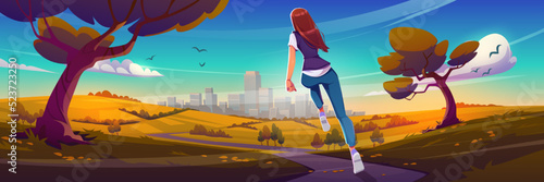 Young girl jogging in autumn city park with cityscape perspective view. Sportswoman run, sports activity. Fit female character exercising in urban garden, healthy lifestyle Cartoon vector illustration