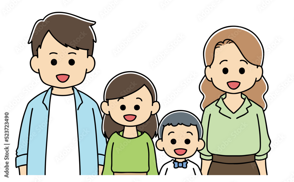 4人家族　笑顔　上半身　イラスト　表情　
