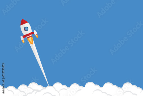 App launch. Startup vector concept, flat cartoon rocket or rocketship launch, mobile phone or smartphone, idea of successful business project start up, boost technology, innovation. 