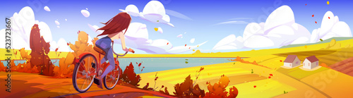 Young woman ride bicycle at autumn rural landscape with yellow fields, cottages and clear lake under blue cloudy sky. Girl travel, outdoor sport exercise, healthy lifestyle Cartoon vector illustration