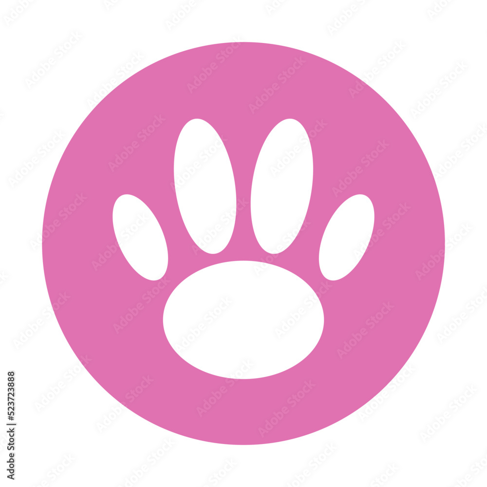 Round pink paw icon. Paw button. Cat footprints. Vector. Round pink paw icon. Paw button. Cat footprints. Vector.