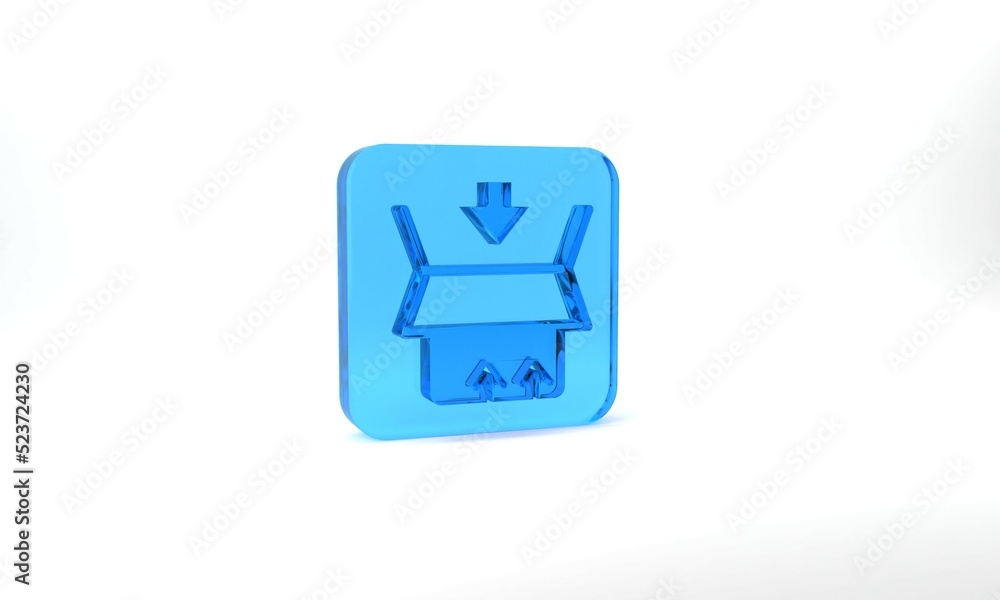 Blue Carton cardboard box icon isolated on grey background. Box, package, parcel sign. Delivery and packaging. Glass square button. 3d illustration 3D render Blue Carton cardboard box icon isolated on grey background. Box, package, parcel sign. Delivery and packaging. Glass square button. 3d illustration 3D render
