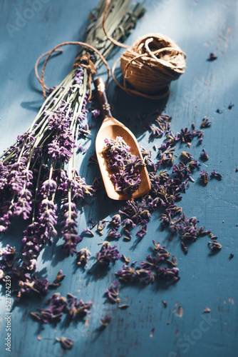 Lavender flowers on vintage turquoise wooden background