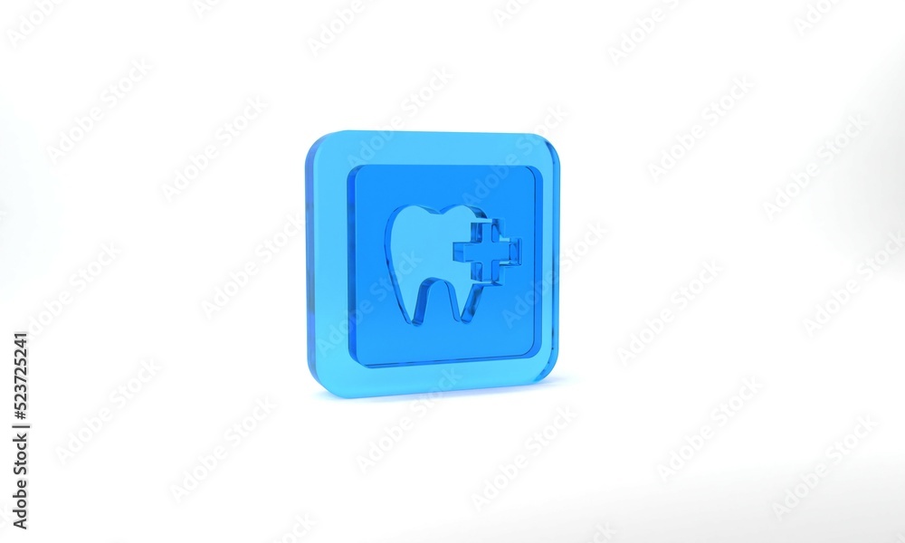 Blue Dental clinic location icon isolated on grey background. Glass square button. 3d illustration 3D render Blue Dental clinic location icon isolated on grey background. Glass square button. 3d illustration 3D render