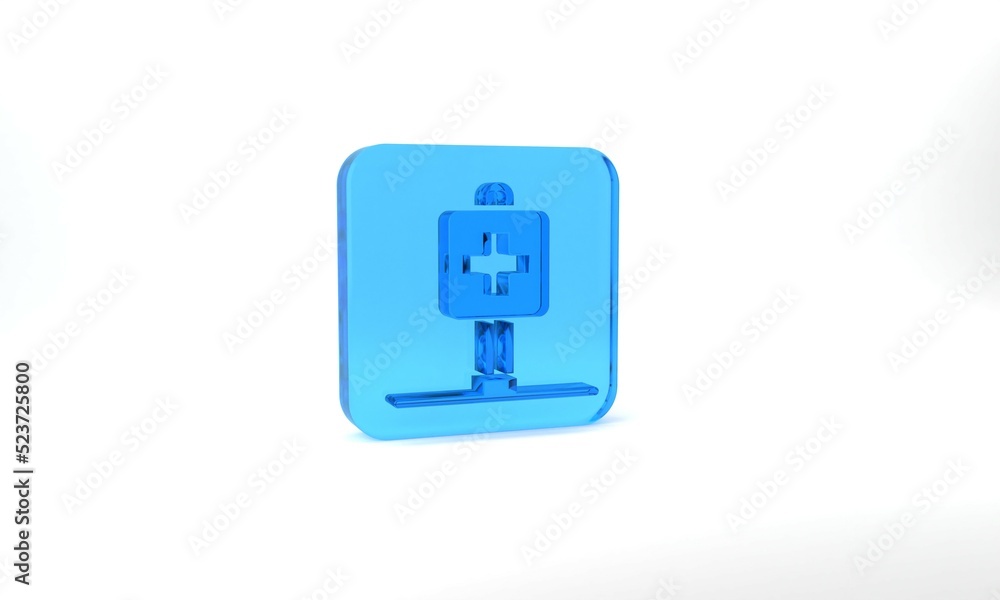 Blue Medical map pointer with cross hospital icon isolated on grey background. Glass square button. 3d illustration 3D render Blue Medical map pointer with cross hospital icon isolated on grey background. Glass square button. 3d illustration 3D render