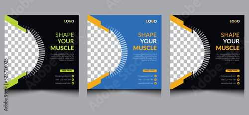 Fitness gym web banner minimalist unique clean creative modern square sports yoga advertisement ads social media Instagram fresh business promotion design template blue orange green color variation. 
