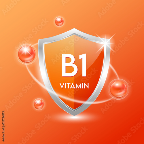 Vitamin B1 shield with orange atom. Protect the body stay healthy. For nutrition products food. Medical scientific concepts. Vector illustration.