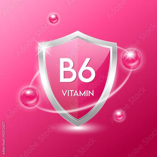 Vitamin B6 shield with purple atom. Protect the body stay healthy. For nutrition products food. Medical scientific concepts. Vector illustration.