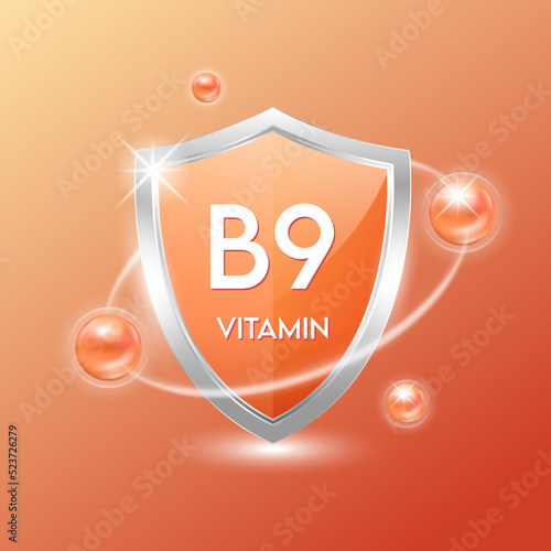 Vitamin B9 shield with orange atom. Protect the body stay healthy. For nutrition products food. Medical scientific concepts. Vector illustration.