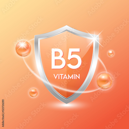 Vitamin B5 shield with orange atom. Protect the body stay healthy. For nutrition products food. Medical scientific concepts. Vector illustration.