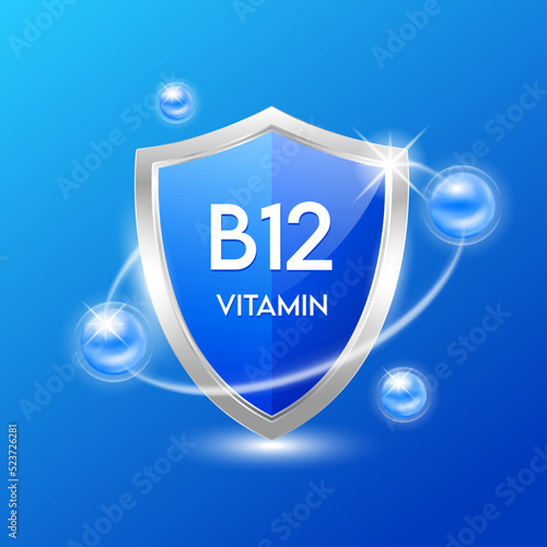Vitamin B12 shield with blue atom. Protect the body stay healthy. For nutrition products food. Medical scientific concepts. Vector illustration.