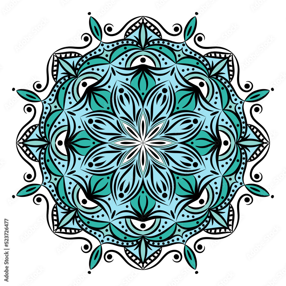 Decorative round ornament. Flower Mandala. Islam, Arabic, Indian, ottoman motives. Unusual flower shape. Hand drawn background.
