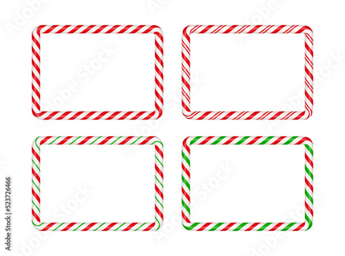 Christmas candy cane rectangle frame with red and green stripe. Xmas border with striped candy lollipop pattern. Blank christmas and new year template. Vector illustration isolated on white background
