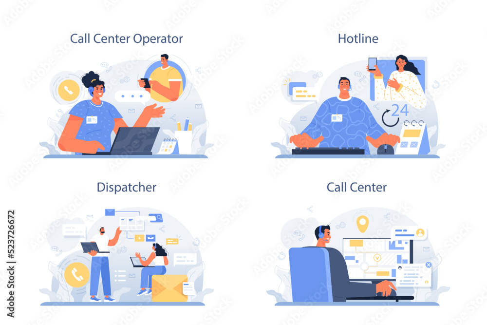 Call center operator set. Technical support or customer service. Hotline Call center operator set. Technical support or customer service. Hotline