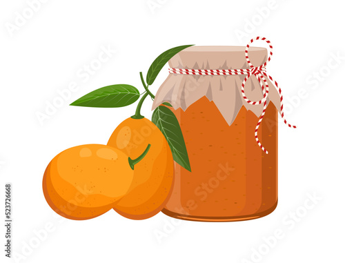 Kumquat jam or confiture jar in rustic style, homemade fruit berry preserve, vector illustration on white background
