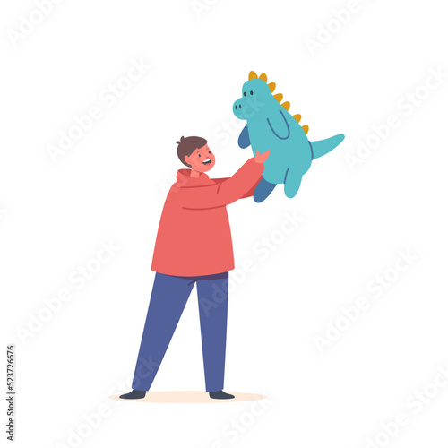 Little Boy with Dinosaur Toy, Child Playing with Dino. Kid Having Fun and Recreation at Home or Kindergarten
