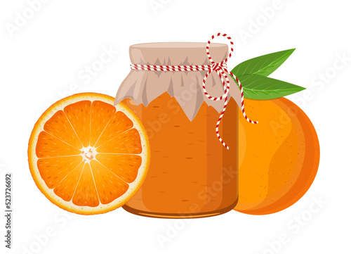 Orange jam or confiture jar in rustic style, homemade fruit berry preserve, vector illustration on white background