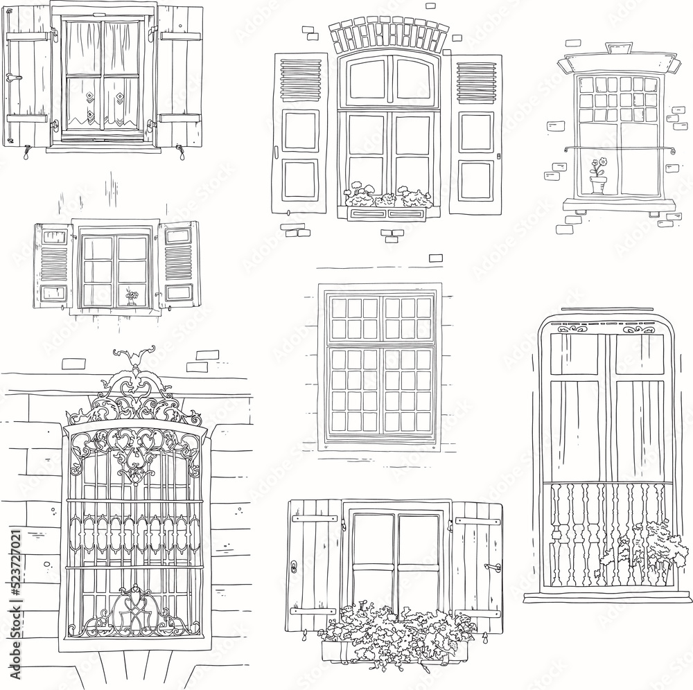 Set of vintage windows llustration. Line art, black and white style on a white background.
