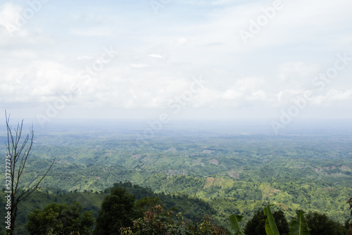 Beautiful hill view with cloudy sky and dead tree branch. Mountain horizon with green trees and small hills. Hilly forest photo with an aerial view. Beautiful nature photography with a cloudy sky.