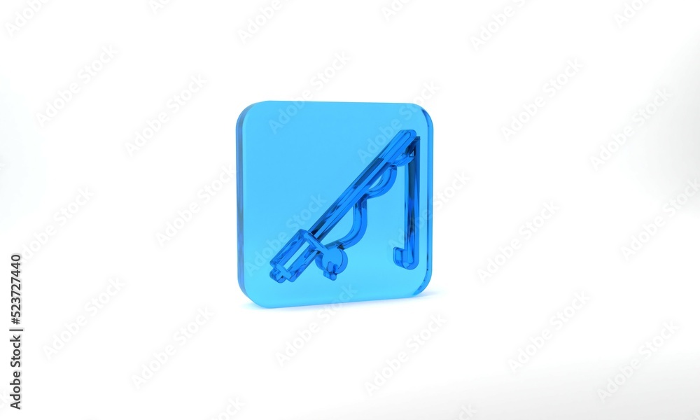 Blue Fishing rod icon isolated on grey background. Catch a big fish. Fishing equipment and fish farming topics. Glass square button. 3d illustration 3D render Blue Fishing rod icon isolated on grey background. Catch a big fish. Fishing equipment and fish farming topics. Glass square button. 3d illustration 3D render