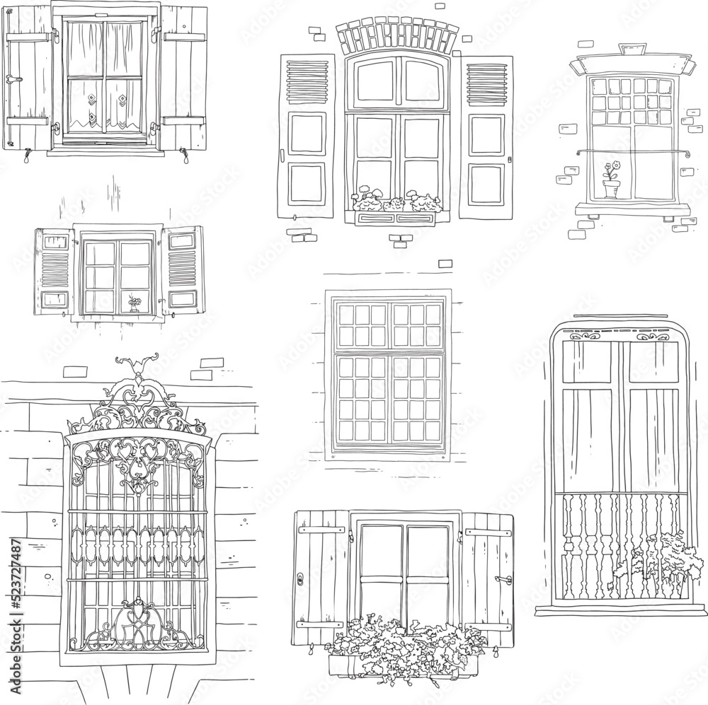 Set of vintage windows, vector illustration. Line art, black and white style on a white background.