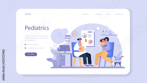 Pediatrician web banner or landing page. Doctor examining