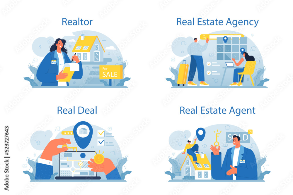 Realtor concept set. Real estate agent' assistance in house selection