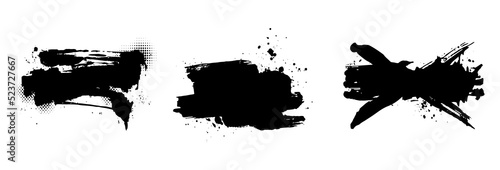 Abstract ink strokes for text copy space and poster title templates. lower third design elements of brush stroke and splashes of ink with dot halftone pattern ornaments.