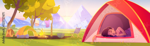Woman sleep in camping tent with fire and tourist stuff. Traveler girl relax in halt with drying clothes on nature landscape with trees and rocks, hiking or travel scene Cartoon vector illustration