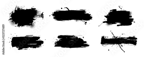 Abstract ink strokes for text copy space and poster title templates. lower third design elements of brush stroke and splashes of ink with dot halftone pattern ornaments.