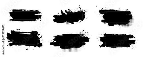 Abstract ink strokes for text copy space and poster title templates. lower third design elements of brush stroke and splashes of ink with dot halftone pattern ornaments.