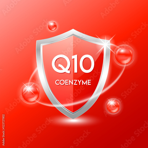Vitamin coenzyme Q10 shield with red atom. Protect the body stay healthy. For nutrition products food. Medical scientific concepts. Vector illustration.