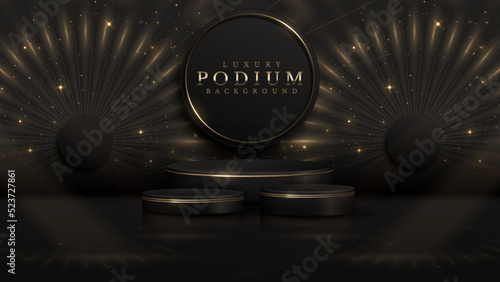 Black luxury background with product display podium and golden circle line elements and light rays decorations and stars effect and fireworks.