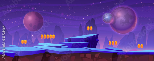 Space game level background with rocky platforms and golden bonus assets. Extraterrestrial cosmic landscape with alien planets, stars, coins, gui interface of arcade game Cartoon vector illustration