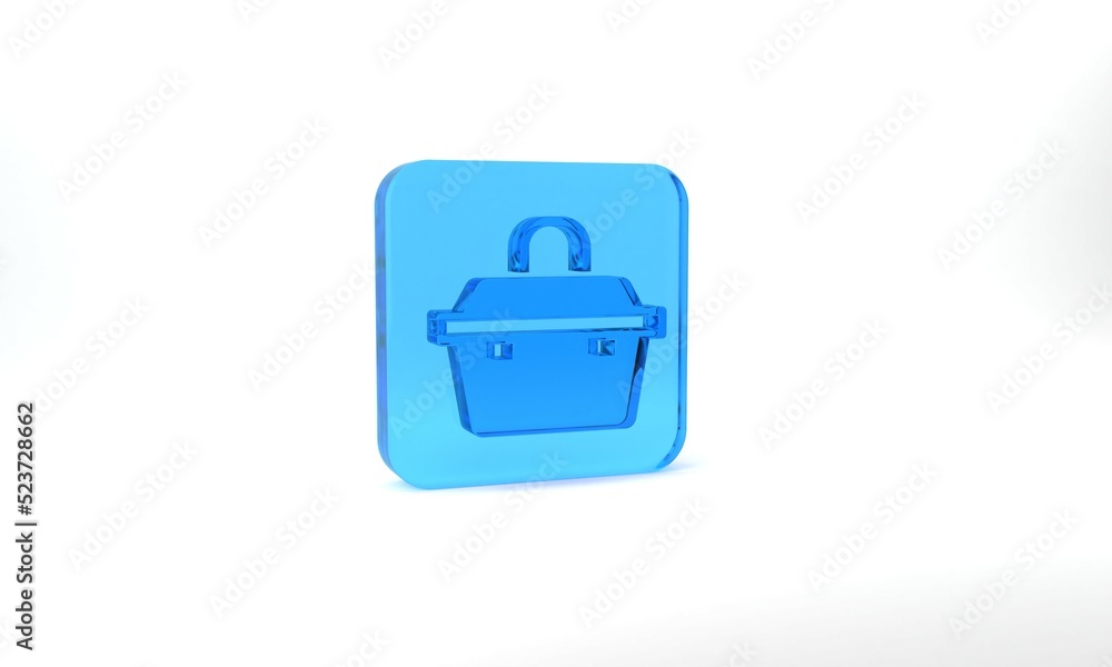 Blue Case or box container for wobbler and gear fishing equipment icon isolated on grey background. Fishing tackle. Glass square button. 3d illustration 3D render Blue Case or box container for wobbler and gear fishing equipment icon isolated on grey background. Fishing tackle. Glass square button. 3d illustration 3D render