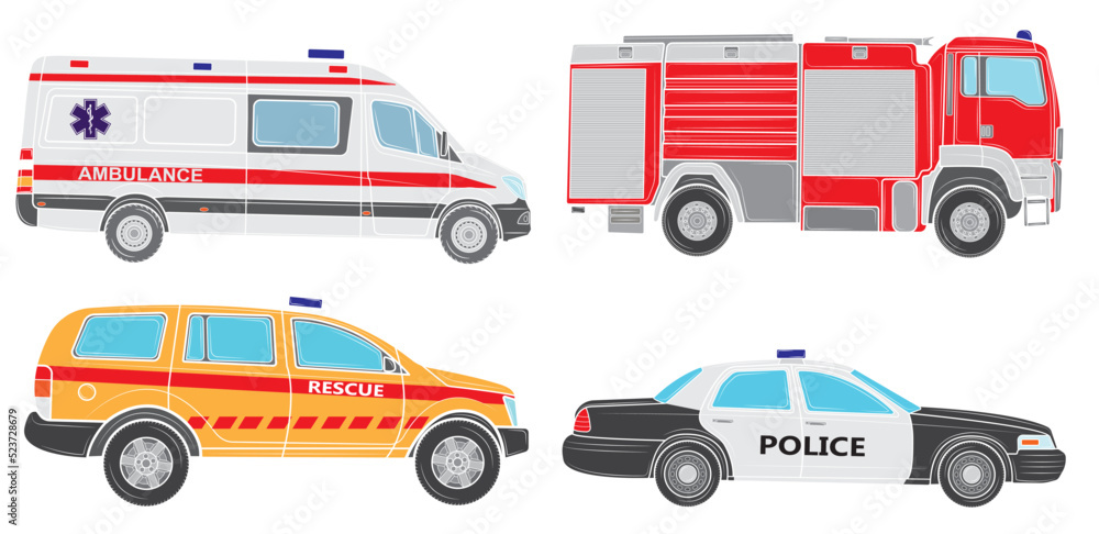 Set of Vehicles of various emergency services vehicle vector illustration. Police, ambulance, fire brigade, rescuers isolated on white background Set of Vehicles of various emergency services vehicle vector illustration. Police, ambulance, fire brigade, rescuers isolated on white background