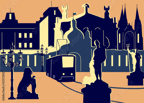 silhouette panorama sights of the city of Lviv Ukraine in art style
