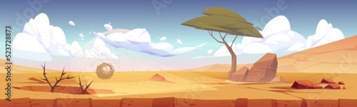 African desert landscape, africa natural panoramic background for game with tumbleweed rolling along hot dry deserted nature with yellow sand and rocks under blue sky with clouds, Cartoon illustration