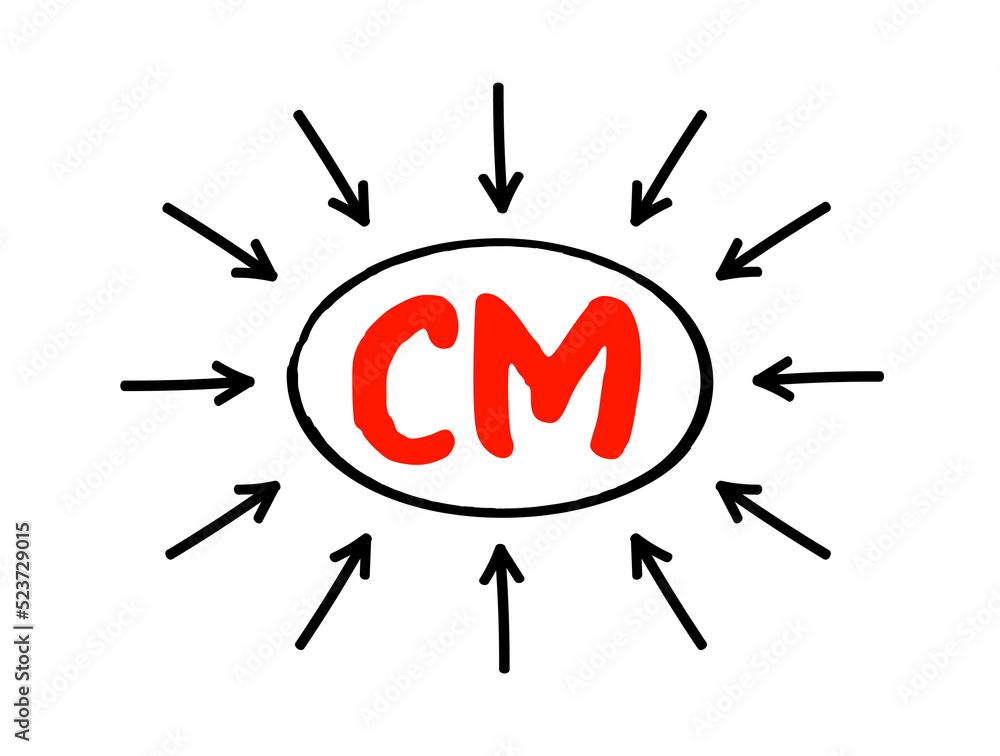 CM - Content Management is a set of processes and technologies that supports the collection, managing, and publishing of information in any form or medium, acronym concept with arrows CM - Content Management is a set of processes and technologies that supports the collection, managing, and publishing of information in any form or medium, acronym concept with arrows