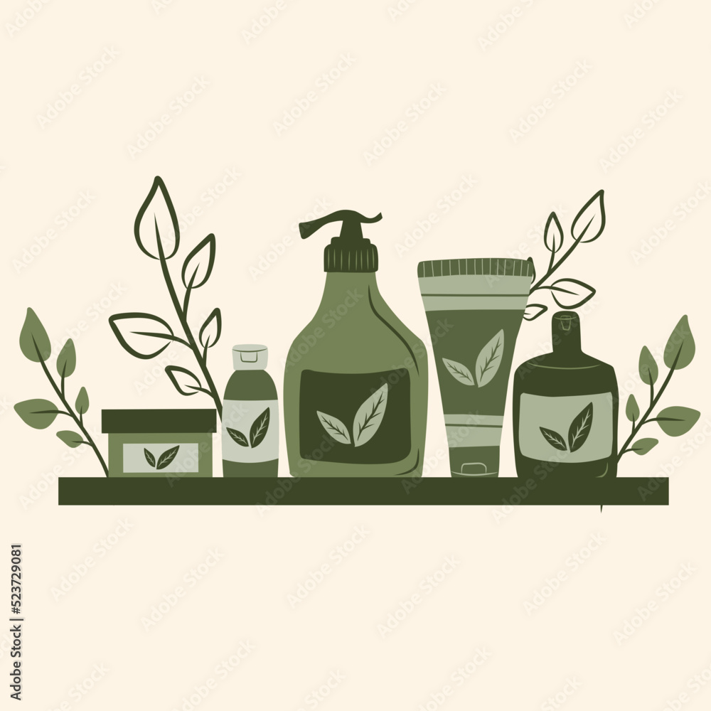 skincare routine products in wall floating shelf hand drawn flat illustration set skincare routine products in wall floating shelf hand drawn flat illustration set