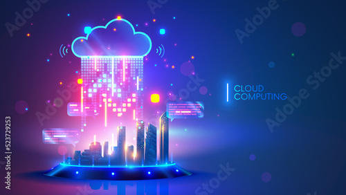 Cloud computing concept. Smart city wireless internet communication with cloud storage, cloud services. Download, upload data on server. Digital cloud over virtual Smart City on podium. Technology IOT