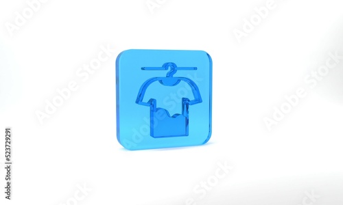 Blue Drying clothes icon isolated on grey background. Clean shirt. Wash clothes on a rope with clothespins. Clothing care and tidiness. Glass square button. 3d illustration 3D render