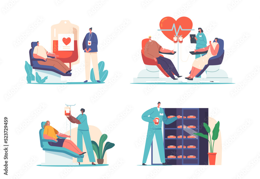 Set Blood Donation, World Donor Day, Health Care Concept. Volunteers Characters Sitting in Chairs Donate Lifeblood Set Blood Donation, World Donor Day, Health Care Concept. Volunteers Characters Sitting in Chairs Donate Lifeblood