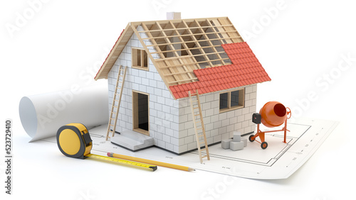 House construction concept. Small 3D model of house and plans isolated on white background. 3D illustration 
