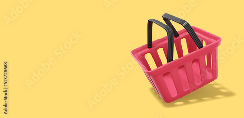 Red plastic flying basket on yellow background with space for text. Empty shopping cart. 3D rendering.