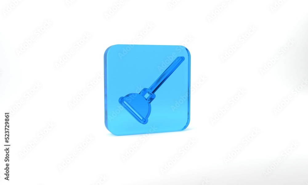 Blue Rubber plunger with wooden handle for pipe cleaning icon isolated on grey background. Toilet plunger. Glass square button. 3d illustration 3D render Blue Rubber plunger with wooden handle for pipe cleaning icon isolated on grey background. Toilet plunger. Glass square button. 3d illustration 3D render