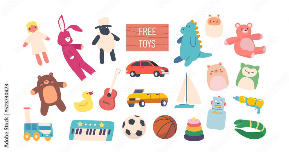 Set of Free Toys, Donation Playthings Doll, Sheep, Rabbit and Dinosaur, Teddy Bear, Rubber Duck, Car and Piano or Balls Set of Free Toys, Donation Playthings Doll, Sheep, Rabbit and Dinosaur, Teddy Bear, Rubber Duck, Car and Piano or Balls