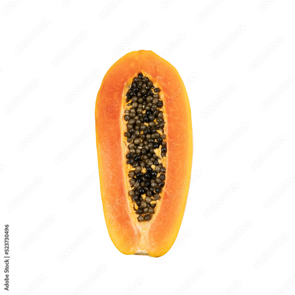 Ripe fresh sweet papaya and half cut with seed (Carica papaya L.) isolated on white background.Healthy fruits to the digestive system. Ripe fresh sweet papaya and half cut with seed (Carica papaya L.) isolated on white background.Healthy fruits to the digestive system.